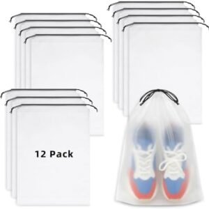 12 PCS Clear Shoe Bags for Travel, 11.8" x 15.7" Travel Shoe Bags for Storage and Packing, Waterproof Drawstring Shoe Bag for Traveling, Travel Essentials for Women and Men