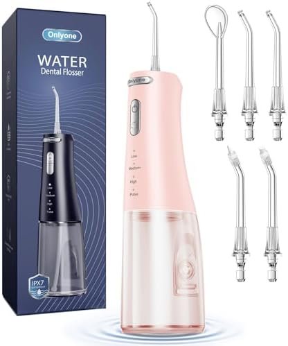 Onlyone Water Dental Flosser Pick for Teeth, 300ML Portable Oral Irrigator, Rechargeable Travel Irrigation Cleaner, Professional Electric Flossing Machine Birthday Gifts for Women,Mom,Girlfriend Pink