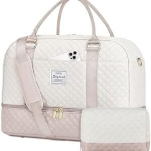 Travel Duffle Bag Weekender for Women: Travel Duffel Bag Carry-On Overnight Bag with Shoe Compartment & Wet Pocket Large Weekend Tote Bag withGym Duffel Bag for Hospital Beige