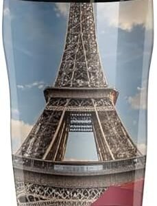 Double Wall Vacuum Coffee Cup - Eiffel Tower with Red Umbrella Reusable Plastic Travel Mug with Lid, 250ml Insulated Tumbler for Hot & Cold Drinks, Portable Coffee Mug for Car Office Use