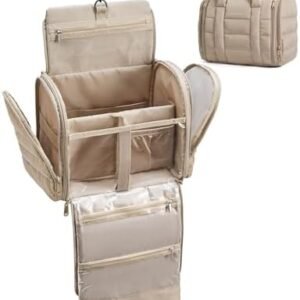 BAGSMART Puffy Travel Makeup Bag, Portable Hanging Toiletry Organizer with Removable Partition, Organizer for Travel-Sized Shampoo, Conditioner, Brushes Set, makeup Accessories, Camel