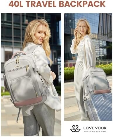 LOVEVOOK Travel Backpack For Women, 40L Carry On Backpack Flight Approved, TSA Personal Item Travel Bag Fits 17 Inch Laptop, Business Weekender Overnight Waterproof Daypack With 2 Cubes, Grey-Pink - Image 10
