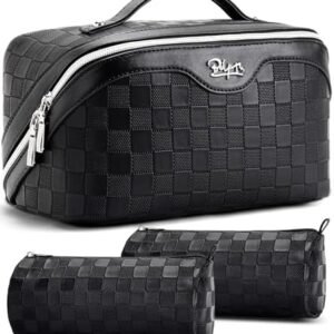 BOYATU Travel Makeup Bag Organizer Cosmetic Bag: 3 Pcs Set Make up Bags for Women with Handle - Waterproof Vegan Leather Toiletry Bags Travel Essentials Pouch with Compartments (01-Black)