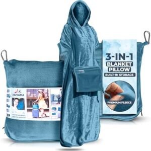3-in-1 Travel Blanket Airplane – Compact with Bag & Pillow Combo Set, Dusty Blue Ultra-Soft Fleece | Packable Blanket Compact | Hidden Pocket | Trolley Sleeve | Carabiner | Travel Essentials