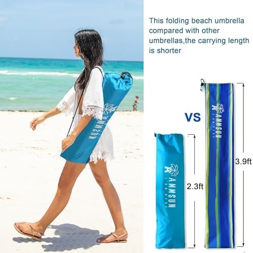 AMMSUN 6.5ft Twice Folded Portable beach umbrella with Sand Anchor Windproof Tilt Pole Air vent UPF 50+ Protection Fits in a large Suitcase Compact For Travel Patio Garden Pool Backyard Sky Blue - Image 7