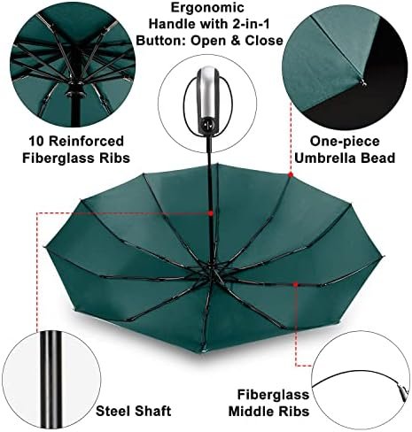 TradMall Travel Umbrella Windproof with 56 Inches Large Canopy 10 Reinforced Fiberglass Ribs Ergonomic Handle Auto Open & Close, Dark Green - Image 4
