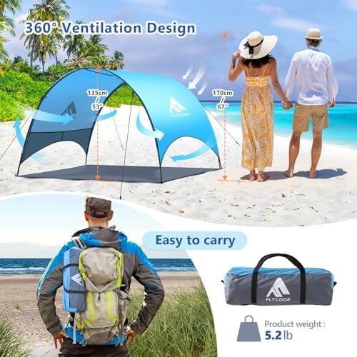 Beach Umbrella with UPF 50+ UV Protection – Compact & Portable Beach Tent Canopy with 360° Ventilation, Wind Ropes & Stakes – Family, Travel, Backyard, Park Shade (Blue, 90.5 * 59 * 53″) - Image 2