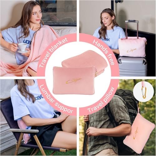 Travel Blanket & Pillow Set, 300 GSM Soft Fleece, 60x43 Inches, 3-in-1 Airplane Blanket, Travel Pillow and Blanket Set, Travel Blanket Airplane Compact with Bag, Travel Essentials, Pink - Image 2