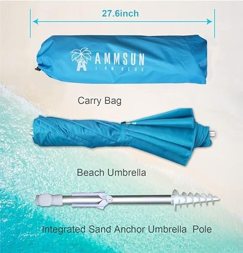 AMMSUN 6.5ft Twice Folded Portable beach umbrella with Sand Anchor Windproof Tilt Pole Air vent UPF 50+ Protection Fits in a large Suitcase Compact For Travel Patio Garden Pool Backyard Sky Blue - Image 2