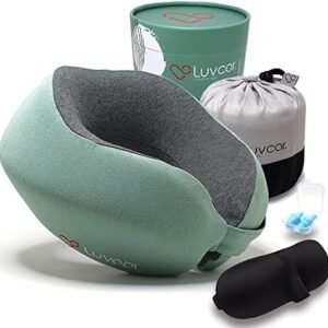 Premium Quality Memory Foam Travel Neck Pillow Bundle - Best Ergonomic Pillow for Airplane Travel, car Ride, Sleeping. Comes with Eye mask, earplugs and Storage Bag. (Imperial Green)