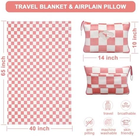 Travel Blanket and Pillow Compact, Premium Soft 2 in 1 Airplane Blanket with Soft Bag Pillowcase,Hand Luggage Sleeve and Backpack Clip (Ckeckered Pink) - Image 3