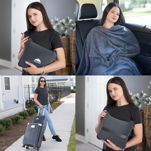 BlueHills Premium Soft Travel Blanket Pillow Airplane Flight Blanket Throw Bag Pillowcase Compact Large 2 in 1 Combo Warm Traveling Plane Essentials Portable Gifts Lightweight Grey Gray T007 - Image 3