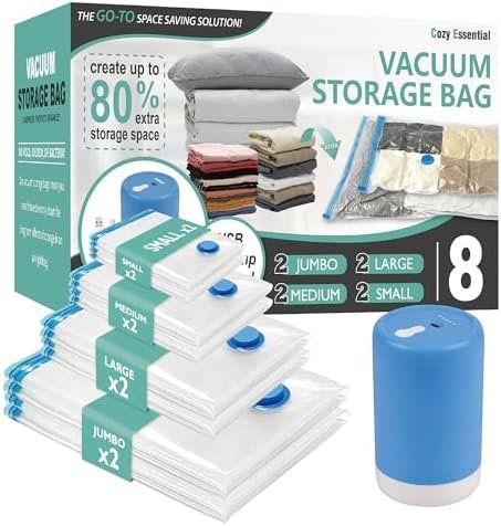 Cozy Essential Travel Vacuum Clothes Bags with Rechargeable Electric Pump for Luggage, Suitcase, Vacuum Seal Compression Space Saver Bags for Clothing, 8 Pack