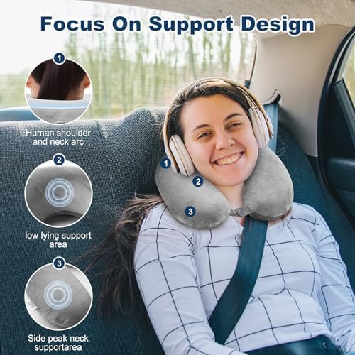 Travel Pillow 100% Pure Memory Foam Neck Pillow Airplane for Traveling,Car, Train,Napping,Traveling,Washable Cover (Grey) - Image 3