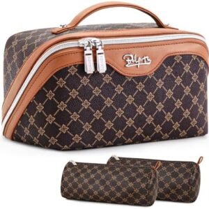 BOYATU Travel Makeup Bag Cosmetic Bags for Women: 3 Pcs Set Large Portable Make up Bag with Handle - Vegan Leather Toiletry Bags with Compartments - Makeup Organizer for Travel Essentials(A-1-Coffee)