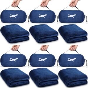 Peryiter 6 Sets Bulk Travel Blanket Pillows for Long Flight Sleeping 50 x 60 Inches Soft Flannel Packable Airplane Flight Blanket 2 in 1 Combo Warm Traveling Plane Essentials (Navy Blue)
