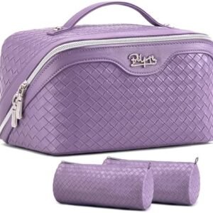 BOYATU Travel Makeup Bag Cosmetic Bags for Women: Large Capacity 3 Pcs Set Make up Bag with Compartments - Waterproof Vegan Leather Toiletry Organizer Bags with Handle - Travel Essentials(L01 Purple)