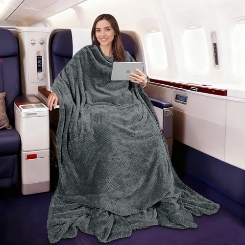 Tirrinia Travel Blanket Airplane Compact with Bag, Soft& Lightweight Wearable Blanket with Foot Pockets for Women Men Adults, Warm Snuggle Blanket, Airplane Travel Essentials, Travel Gifts for Her,