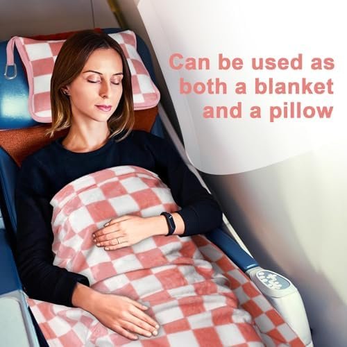 Travel Blanket and Pillow Compact, Premium Soft 2 in 1 Airplane Blanket with Soft Bag Pillowcase,Hand Luggage Sleeve and Backpack Clip (Ckeckered Pink) - Image 6