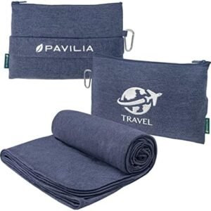PAVILIA Travel Blanket Compact, Airplane Packable Bag, Soft Fleece Portable Throw Pillow Combo Set, Plane Flight Car Trips Essentials Gift Accessories, Luggage Backpack Clip, Navy Blue, 65 x 40 inch