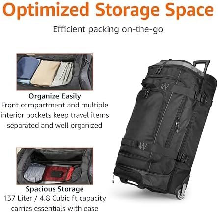 Amazon Basics 35-inch Large Rolling Duffle Bag with Wheels and Handle, Travel Duffle Bag with Durable Ripstop Polyester Material, 2 Layers of Space, Multiple Interior and Exterior Pockets, Black - Image 3