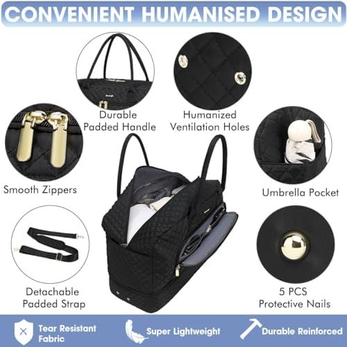 LUOCIP Large Women Travel Duffle Bag, Carry on Bag with Wet Toiletry Pocket for Overnight, Weekend, Yoga, Gym, Business Trips, Sport and Hospital, Black - Image 3