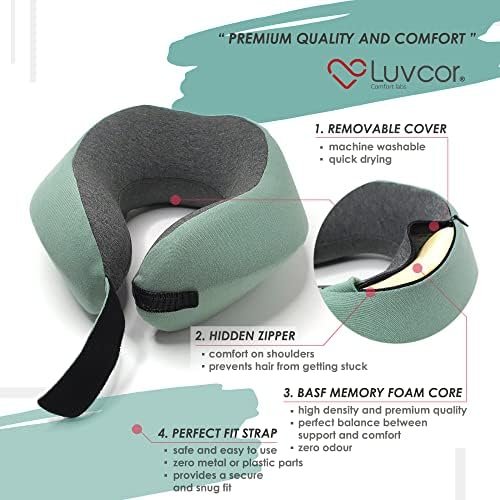 Premium Quality Memory Foam Travel Neck Pillow Bundle - Best Ergonomic Pillow for Airplane Travel, car Ride, Sleeping. Comes with Eye mask, earplugs and Storage Bag. (Imperial Green) - Image 3