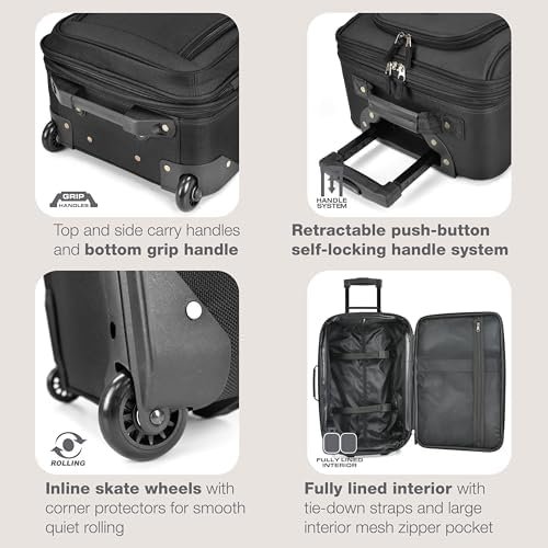 U.S. Traveler Rio Fabric Expandable Carry-on Luggage, Rolling Suitcase, Black, 2 Wheel Set - Image 4