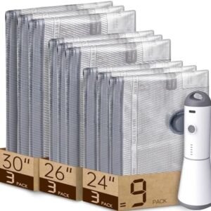 9 Packs Rechargeable Pump Vacuum Bags for Travel Packing, Carry-on Size Vacuum Seal Bags for Luggage and Suitcase Compression, Space Saver for Clothes and Clothing Organization