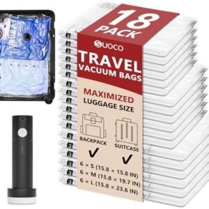 SUOCO 18 Pack Travel Vacuum Bags for Clothing with Rechargeable Electric Pump, Compression Seal Packing Cubes for Luggage Suitcase Backpack, Carry-on Size Space Saver Storage Bags for Vacation Cruise