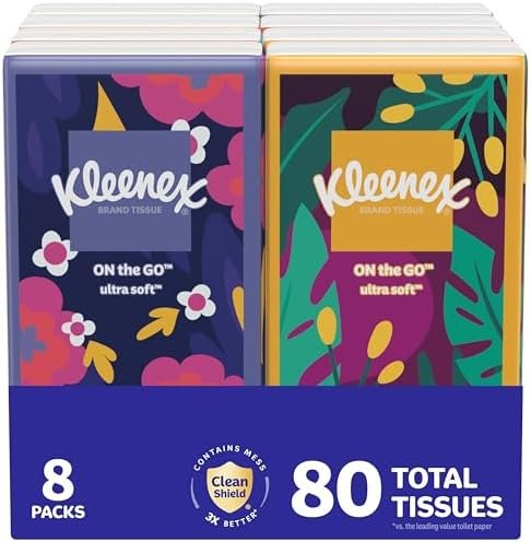 Kleenex On-The-Go Facial Tissues, 8 On-The-Go Packs, 10 Tissues per Box, 3-Ply (80 Total), Packaging May Vary