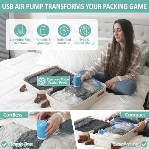 Cozy Essential Travel Vacuum Clothes Bags with Rechargeable Electric Pump for Luggage, Suitcase, Vacuum Seal Compression Space Saver Bags for Clothing, 8 Pack - Image 3