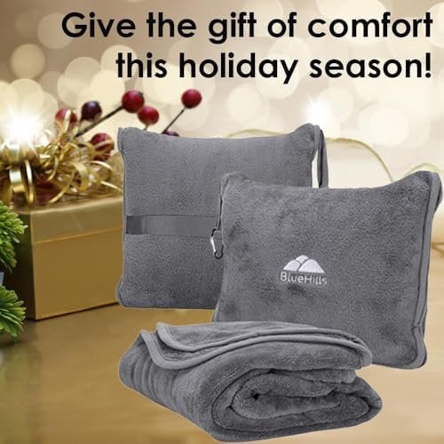 BlueHills Premium Soft Travel Blanket Pillow Airplane Flight Blanket Throw Bag Pillowcase Compact Large 2 in 1 Combo Warm Traveling Plane Essentials Portable Gifts Lightweight Grey Gray T007 - Image 2