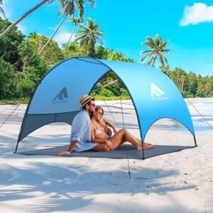 Beach Umbrella with UPF 50+ UV Protection – Compact & Portable Beach Tent Canopy with 360° Ventilation, Wind Ropes & Stakes – Family, Travel, Backyard, Park Shade (Blue, 90.5 * 59 * 53″)