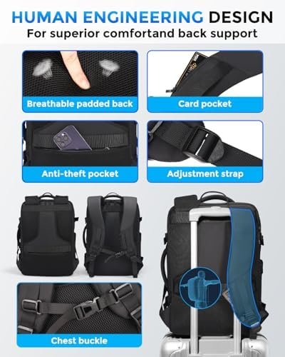 Travel Backpack for Men, Flight Approved Carry On Luggage Backpack with USB Port, Water Resistant Expandable Computer Daypack, 17.3 Inch Black Business Laptop Backpack for College/Work - Image 4