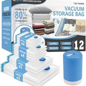 Cozy Essential Travel Vacuum Storage Bags with Portable Electric Pump, Vacuum Seal Space Saver Bags for Clothing and Luggage, 12 Pack
